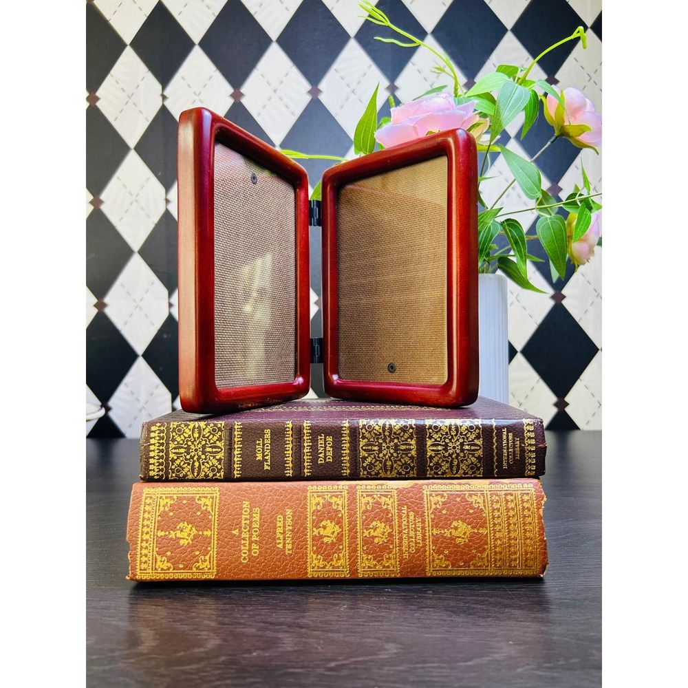 Vintage Bi-Fold, Hinged Teak Wood Double Photo Frame Folding Tabletop Decor
